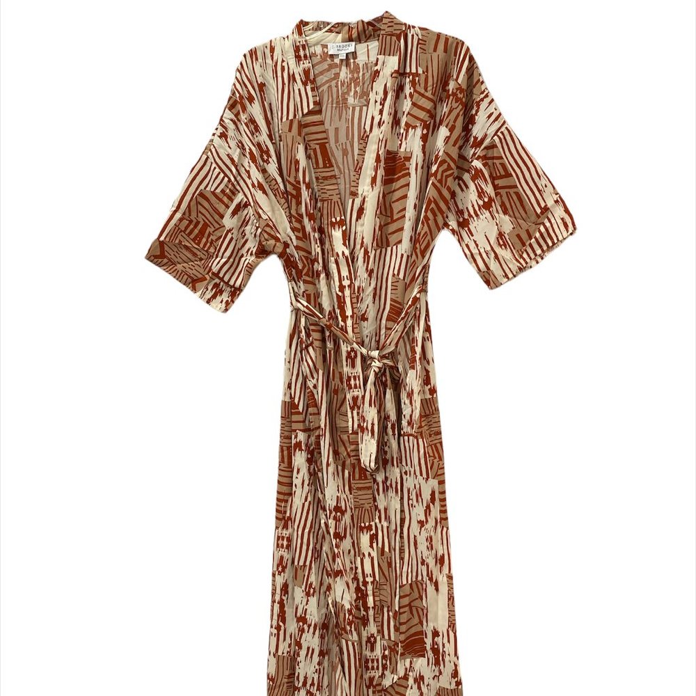 J. Brooks Boutique Robe Kimono Full Length Rust & Cream Tie Belt Split Sides
